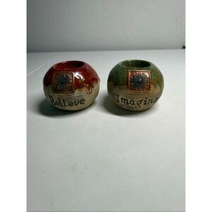 Elements 2 Stoneware Drip Glaze Candle Holders Imagine/ Believe Flower Plaques